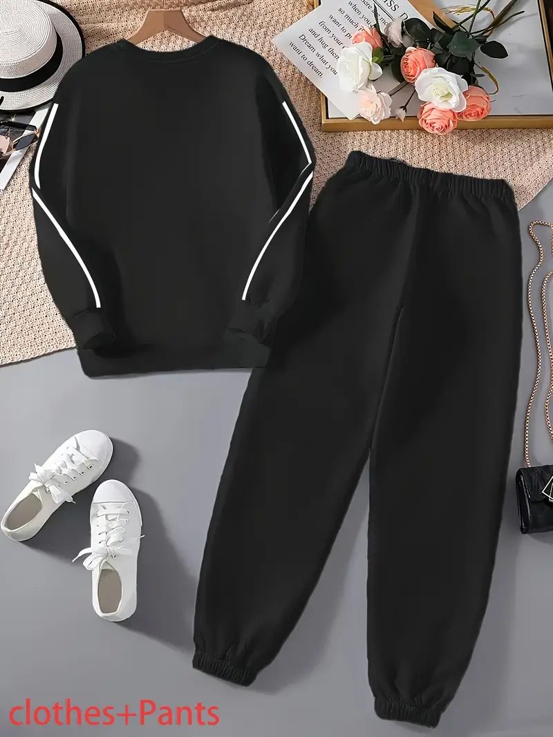 Conjunto feminino com capuz e calça jogger com estampa de carinha sorridente – 9019 Conjunto esportivo gráfico (branco/preto, tamanhos P-XXG)_voghion.com