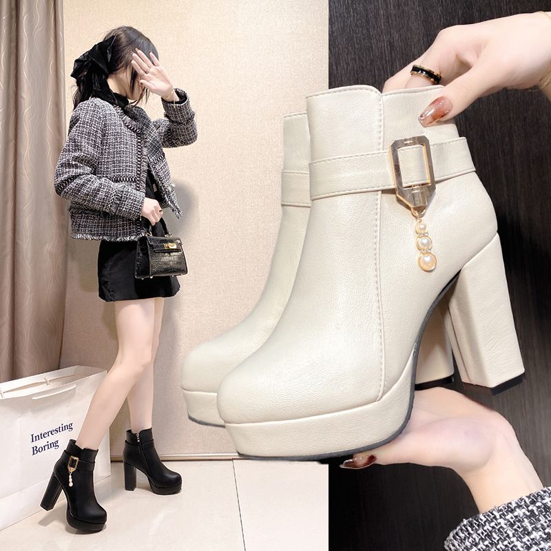 Stivali da donna Martin alla moda con tacco alto, corti e fibbie per cintura, autunno inverno 2023, taglia grande e piccola, taglia 32_voghion.com