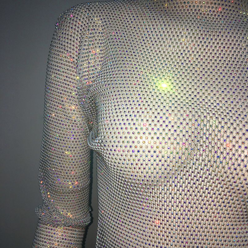 Maglietta da pesca con strass, a maniche lunghe, girocollo, leggera e di lusso, da donna, con look scintillante, alla moda e di tendenza._voghion.com