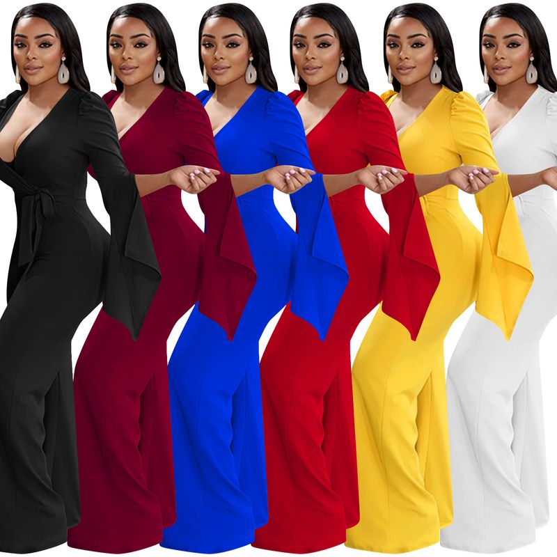 Dametøj nyt produkt ensfarvet sexet dyb V-rem plisseret brede ærmer lange bukser jumpsuit til kvinder_voghion.com