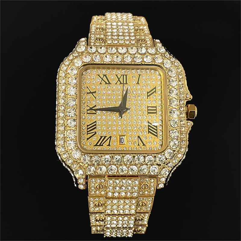2023 Nieuwe Iced Horloge Herenmode Merk MISSFOX Automatische Datum Roestvrijstalen Klok Hip Hop Diamant Vierkant Goud_voghion.com