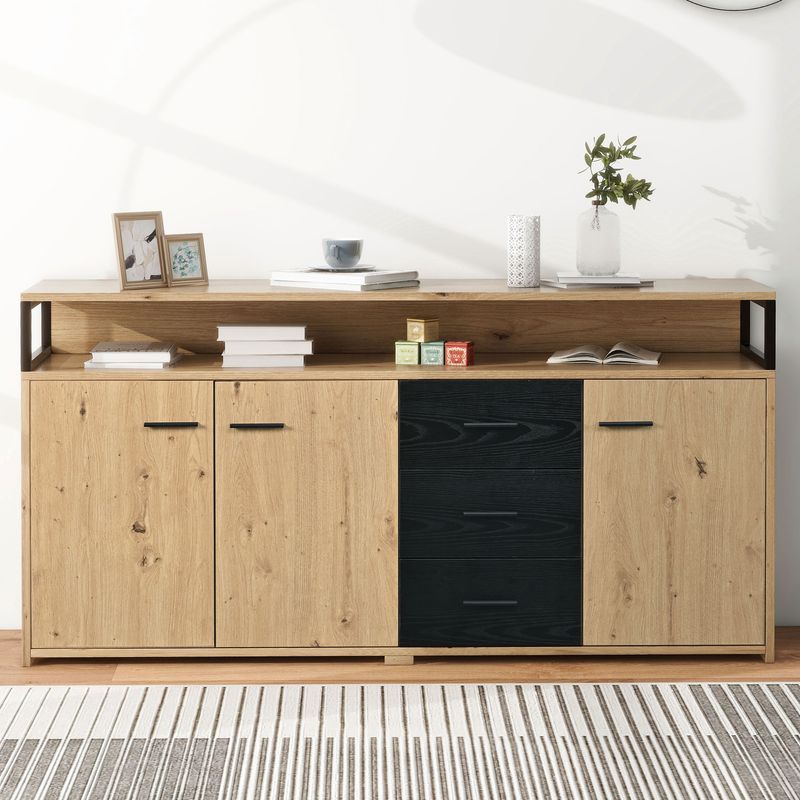 Buffet industriel trois portes et trois tiroirs, meuble de rangement multifonctionnel avec poignées en métal, armoire de cuisine, meuble de rangement pour chambre, salon et bureau, 150 x 35 x 75,9 cm_voghion.com