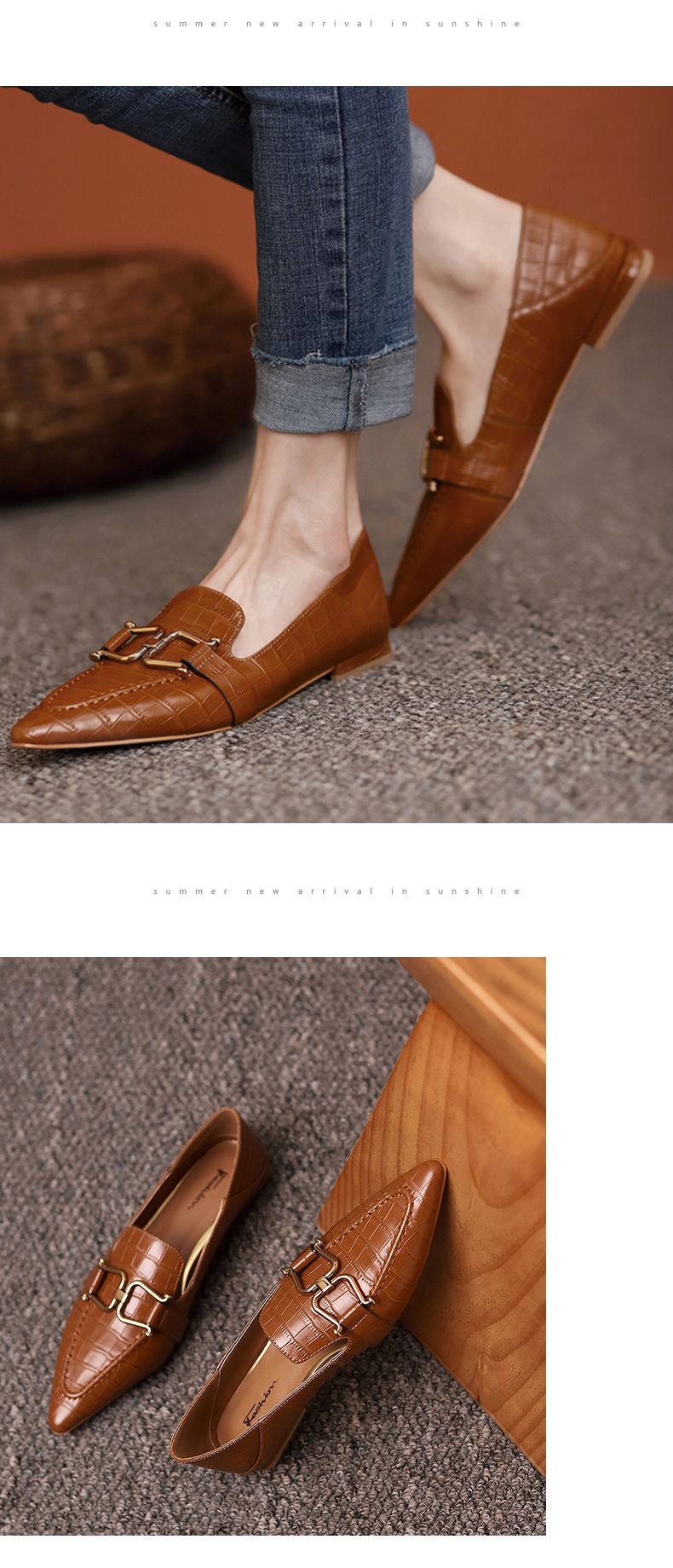 echte Loafer mit spitzen Metallschnallen, flache Unterseite, kleiner Absatz, mittlerer Mund, weiches Leder, Single_voghion.com