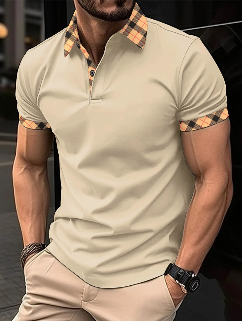 Camisa polo masculina slim fit - gola xadrez casual | Camiseta fashion de manga curta_voghion.com