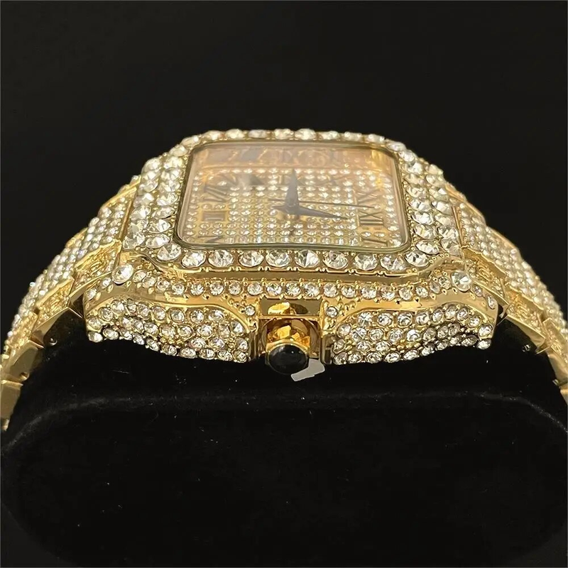 2023 Nieuwe Iced Horloge Herenmode Merk MISSFOX Automatische Datum Roestvrijstalen Klok Hip Hop Diamant Vierkant Goud_voghion.com