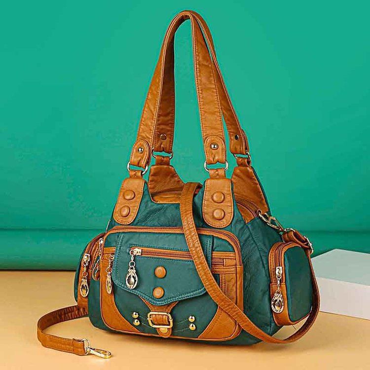 Borsa da donna in pelle lavata di alta qualità, borsa tote in morbida pelle con rivetti retrò, borsa a tracolla multitasche di grande capacità_voghion.com