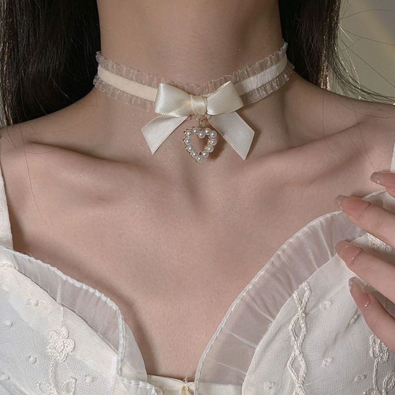 Ready Stock Damen Niedliches Halsband Lolitas Handgefertigt Vintage Spitze Herz Choker Für Frauen Gothic Schleife Knoten Halskette Mädchen Uniform_voghion.com