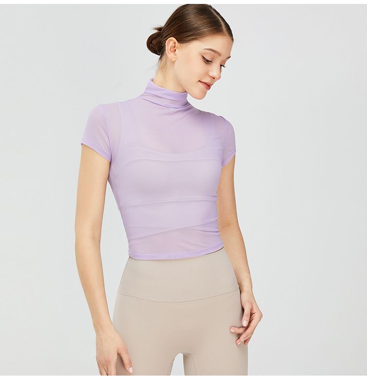 Maglietta da yoga vintage con collo alto, da donna, ad asciugatura rapida, sportiva, in rete, con protezione solare, per yoga_voghion.com