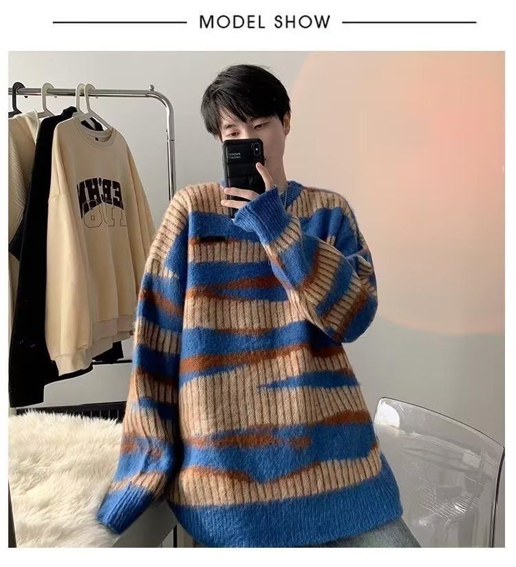 Maglione a righe color-block per uomo, autunno e inverno, stile casual, sensazione di alta qualità, versatile maglia girocollo ampia,_voghion.com
