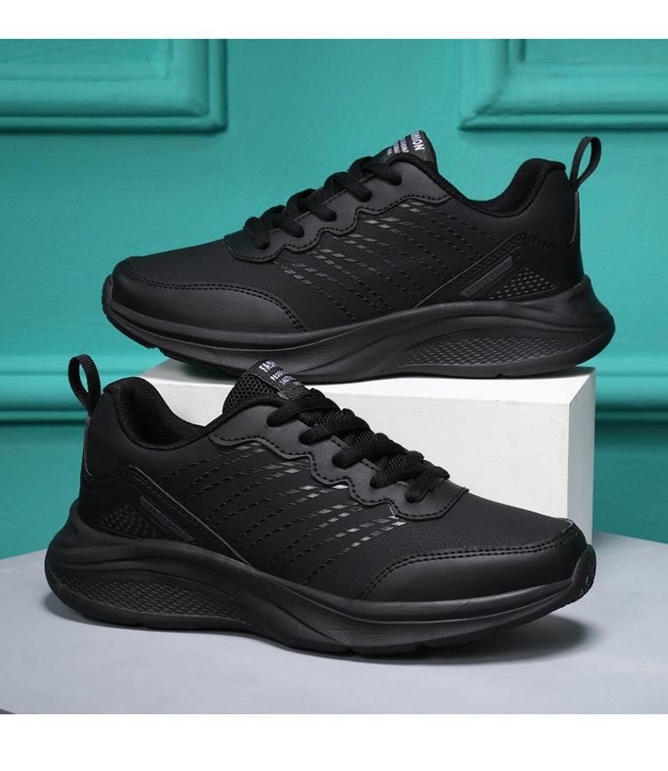 Black casual running women's autumn sports , lightweight soft soled leather surface, waterproof and non slip, work_voghion.com