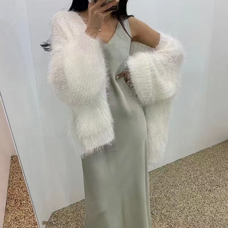 Women's Clothing Solid Color Imitation Mink Sweater Women's V-Neck Knit Cardigan - Lightweight & Stylish Open Front Sweater For Casual & Chic Outfits_voghion.com