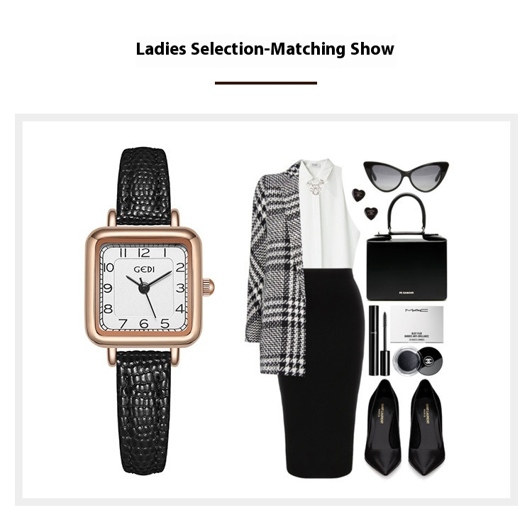 Gedi GEDI ultra-thin small square student gift light luxury niche minimalist digital quartz belt watch_voghion.com