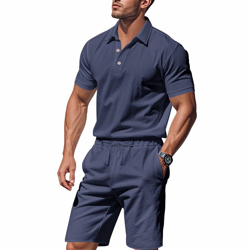 Ensemble polo et short de plage à manches courtes pour homme, style américain, ample, décontracté, respirant, en lin_voghion.com