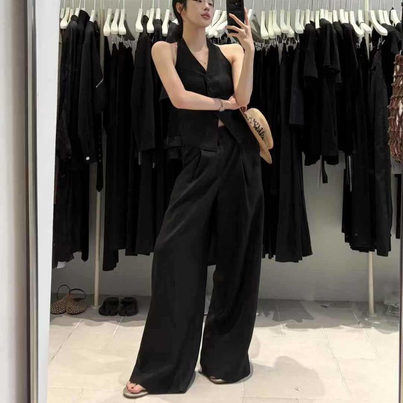 Convient à toutes les saisons UMA WHITE Guangzhou Treize Usines Run Deng 2025 Printemps Nouveau Décontracté Pour Femmes Tencel Lin Mélangé Pantalon Long à Jambe Large_voghion.com
