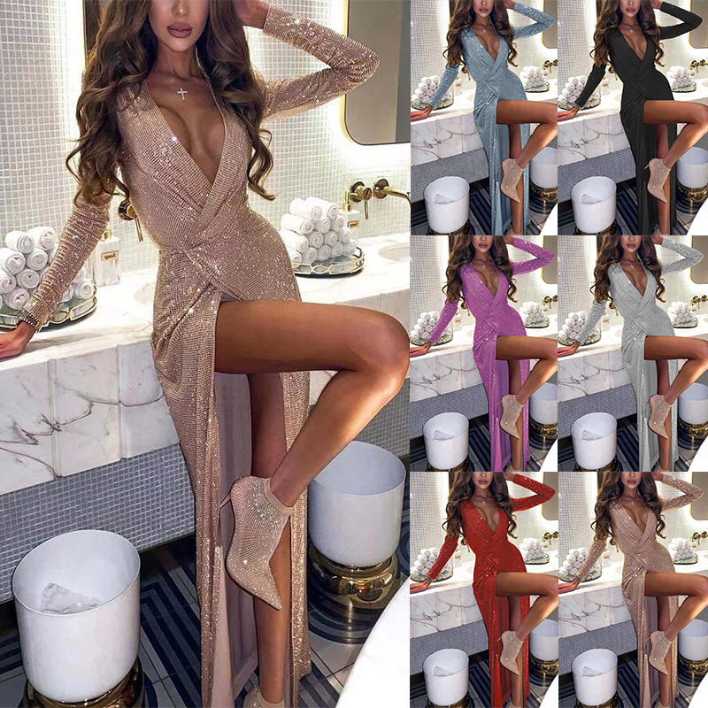 Feminino cor sólida com decote em v espumante sexy boate saia magro vestido de mangas compridas saia longa para mulher_voghion.com