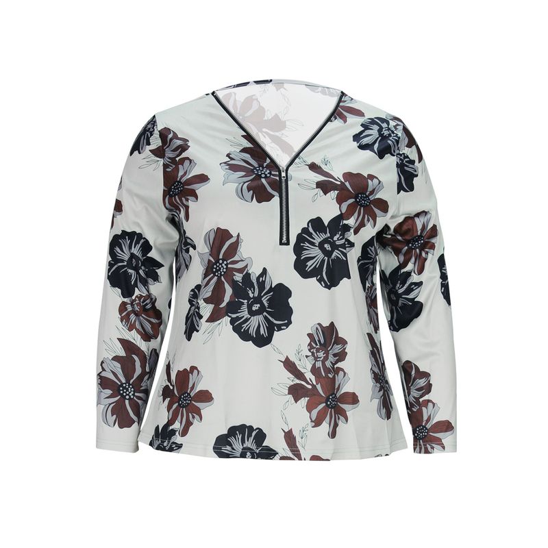 Damenmode-Langarm-T-Shirt-Oberteil mit Reißverschluss und Blumendruck_voghion.com