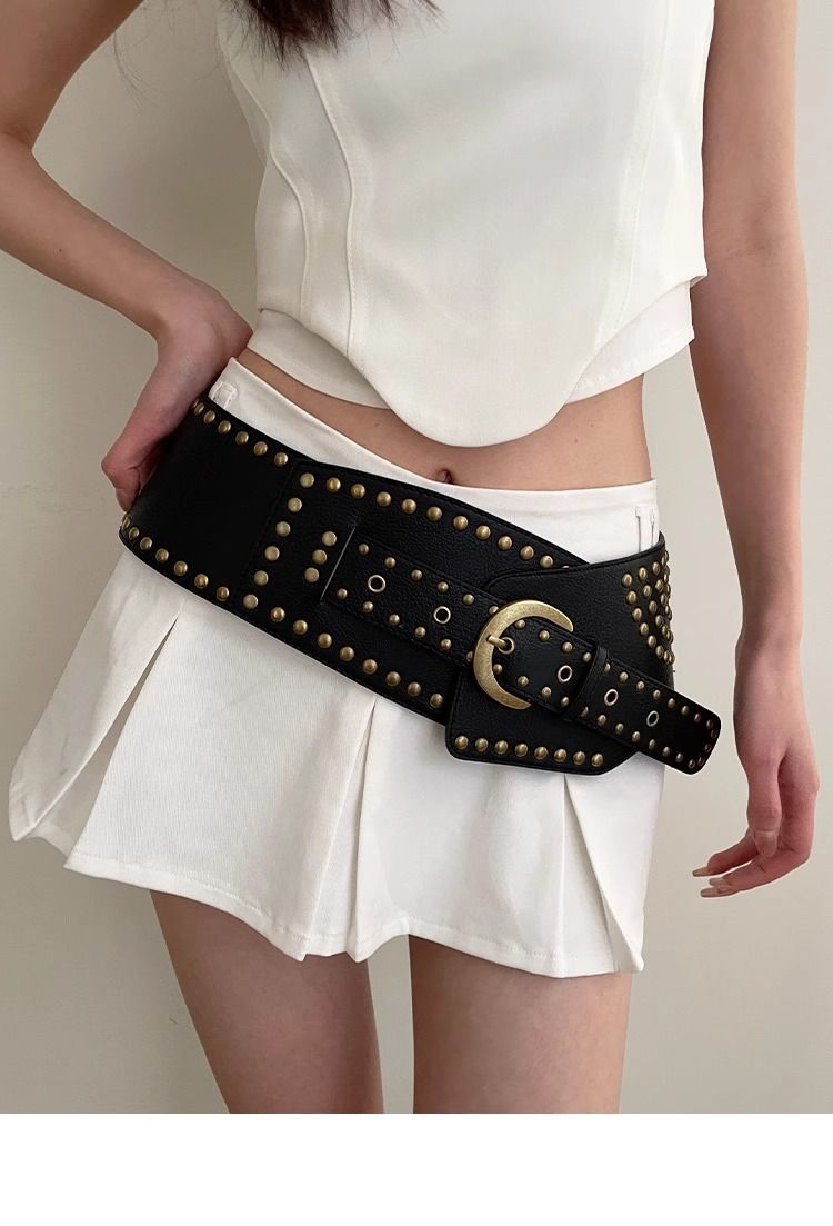 Women's Wide Belt Retro High-end Fashion All-match Decorative Fashion Dress Trendy Rivet Punk Style Belt_voghion.com