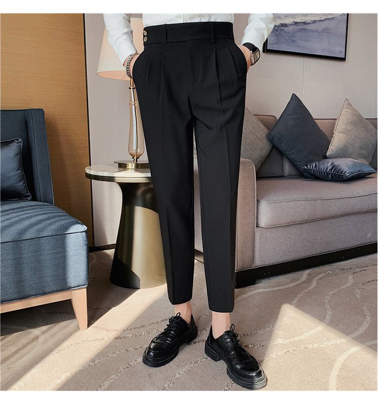 Pantaloni napoletani da uomo nuovi di zecca, in twill strutturato, con vita a pieghe, design casual a nove punte, vita media e alta_voghion.com