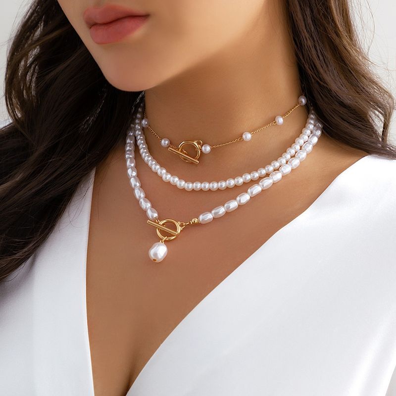 Schmuck Mode Lange Runde Perlenkette Layered Persönlichkeit Perle OT Schnalle Halskette_voghion.com