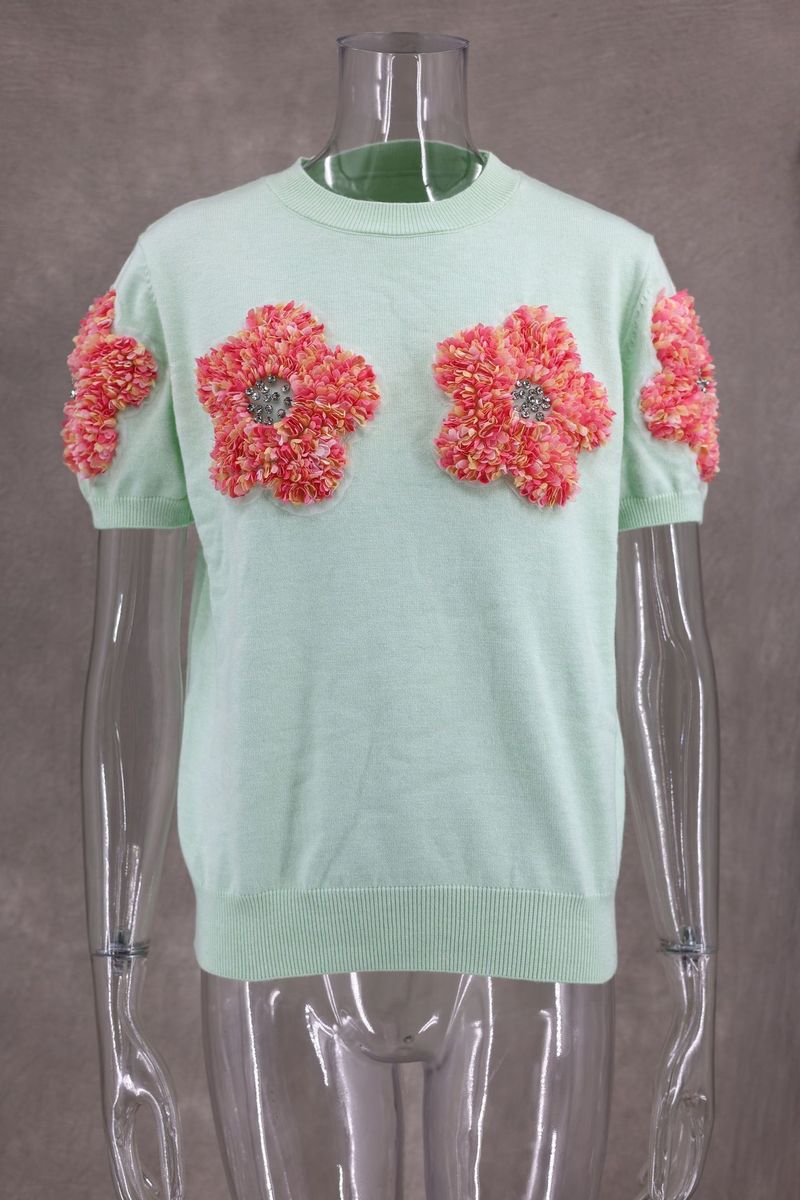Abbigliamento donna Maglione girocollo a maniche corte con fiori a contrasto di colore rosa dolce_voghion.com