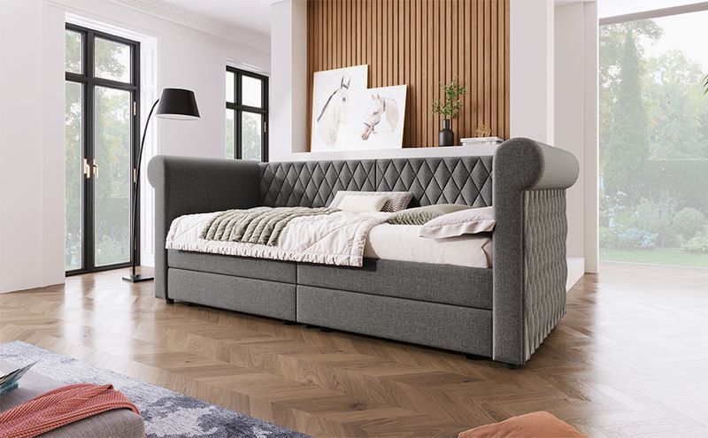 Canapé-lit vintage capitonné 90 x 200 cm, méridienne avec 2 tiroirs de rangement, sommier à lattes en bois, cadre de lit enfant et adolescent, tissu lin, gris (matelas non inclus)_voghion.com