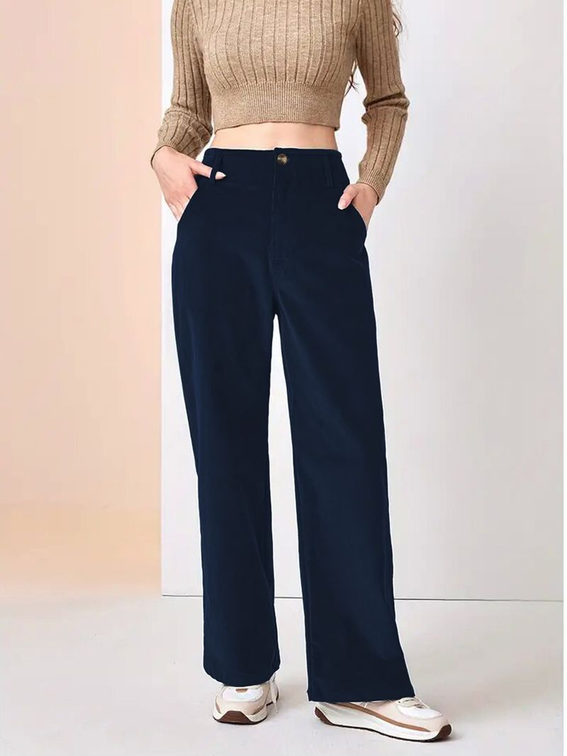 Women's High-waisted Straight Leg Pants - Stretch Corduroy Trousers For Casual & Office Wear, Slim Fit With Flowy Drape (Black, Yellow, Coffee, Blue)_voghion.com