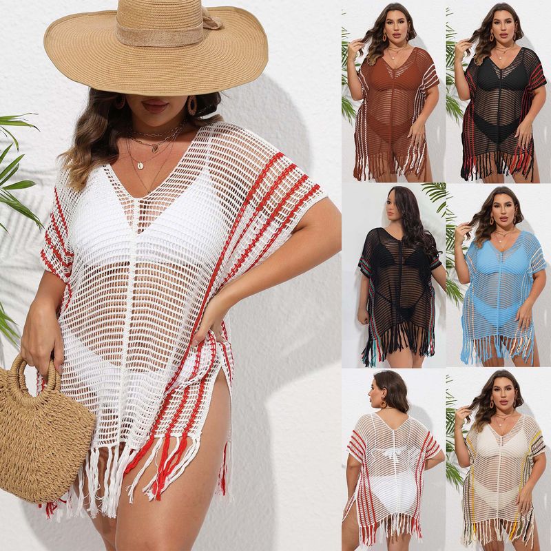 Chemisier de vacances pour femmes, grande taille, rayé, coutures contrastées, robe de plage, bikini, vêtements d'extérieur_voghion.com