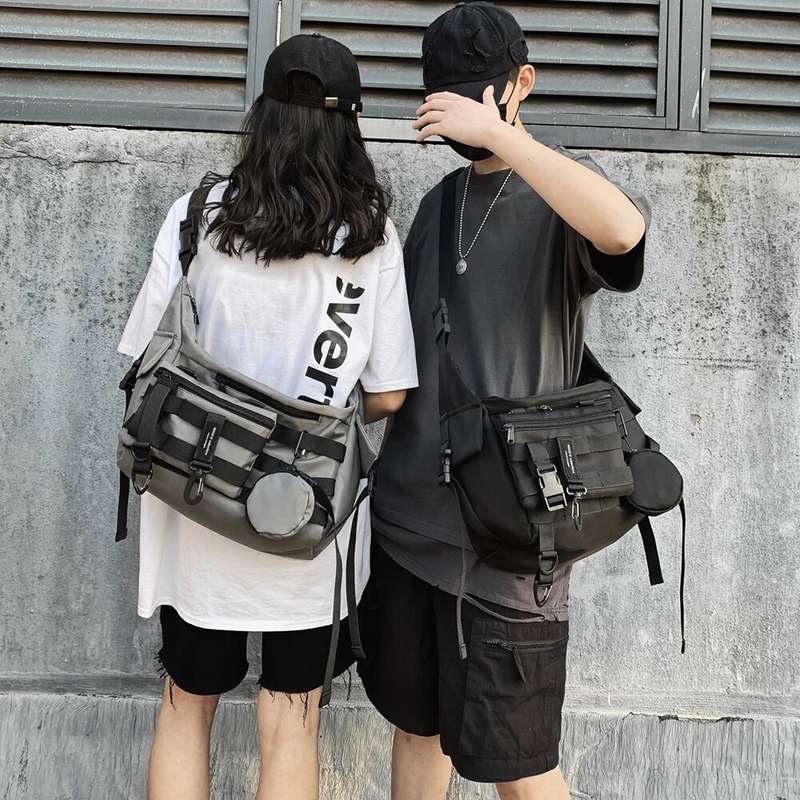 Schulter Gothic Schwarz Umhängetasche Messenger Tragetaschen Für Männer Frauen Shopper Nylon Hip Hop Techwear Satchel Taille Goth_voghion.com