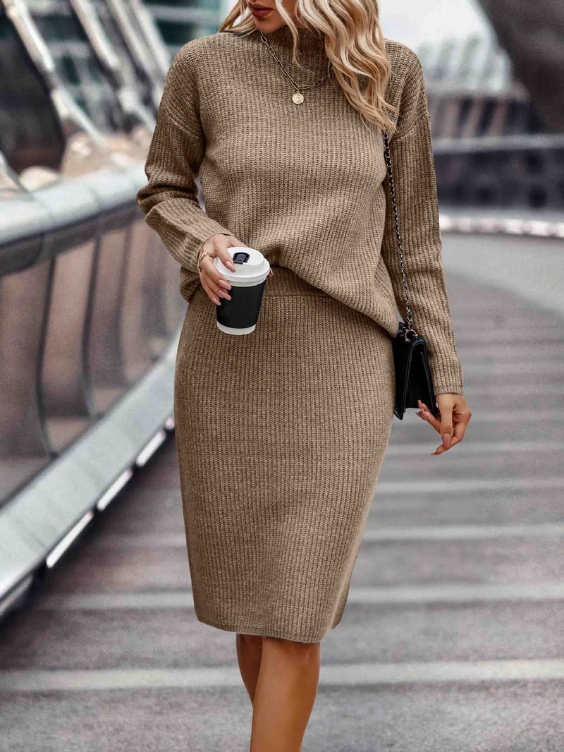 Herbst und Winter Klare Farbe Langarm Mode Halb Stehkragen Pullover frauen Set_voghion.com