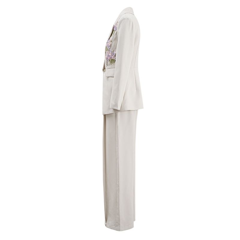Completo pantalone a gamba larga con stampa floreale da donna – Elegante completo due pezzi per lavoro e casual (S-L, bianco sporco)_voghion.com