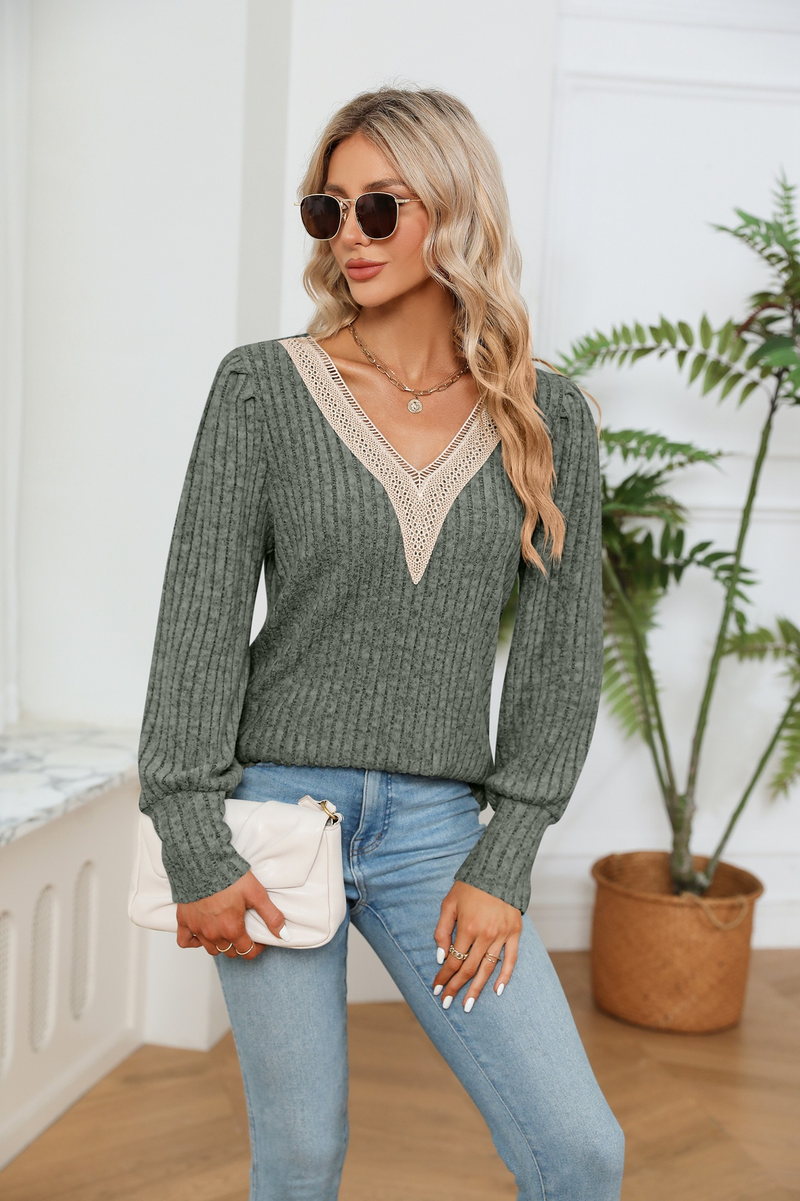 Damenbekleidung, Damen-T-Shirt mit V-Ausschnitt, Spitze, lockerer Grubenstreifen, gebürstet, lockeres Langarm-T-Shirt_voghion.com