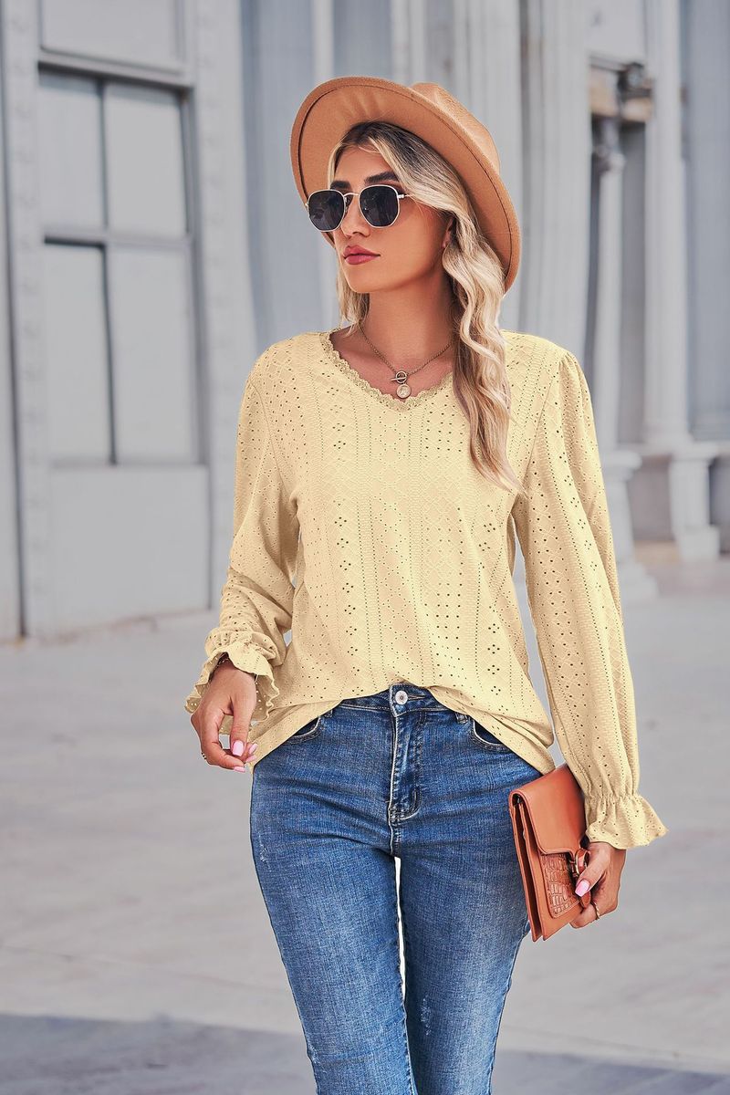 Damen Long Sleeve huel Spëtzekleeder T-Shirt Splicing loose Tops_voghion.com
