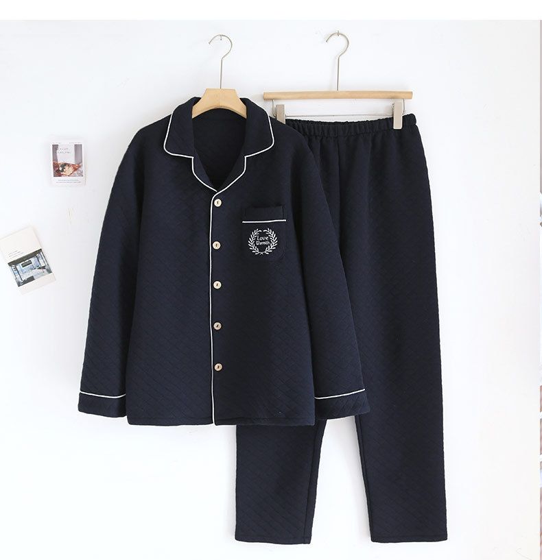 Männerkleeder Hierscht- a Wanterhosen Loftschicht gepolstert Pyjama-Set Reng Kotteng Onbedréckt Casual Laangärm Dräi Schichten Verdickt Heemkleeder_voghion.com
