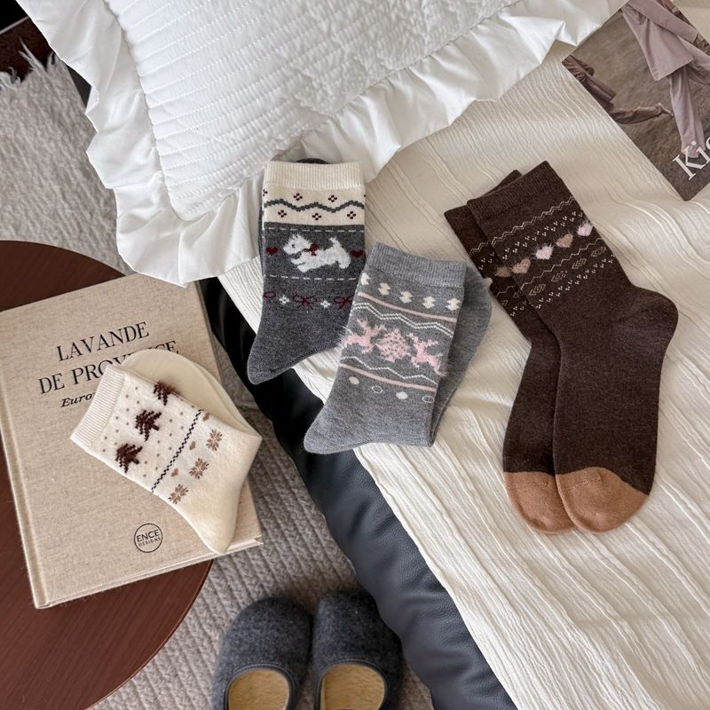 Lillian Herbst Winter New Fair Ile Dreidimensionaler Jacquard Koreanischer Stil Warm Mid-Calf Damen Retro Verdickt Weihnachten_voghion.com