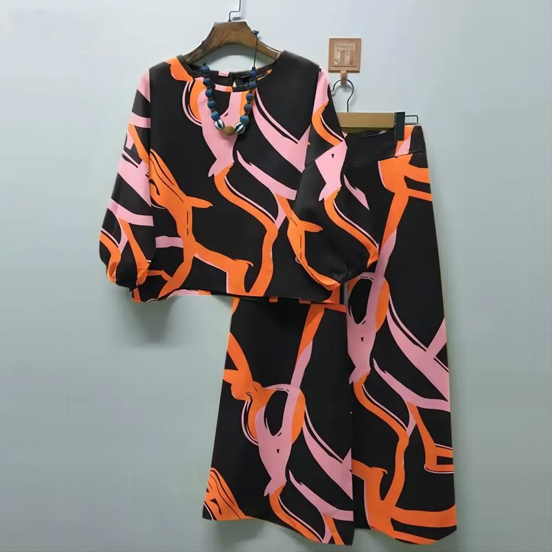 Lente Nieuwe Dames Geometrische Print Casual Matching Set Bohemian Top Wijde Broek 2-delige Set_voghion.com