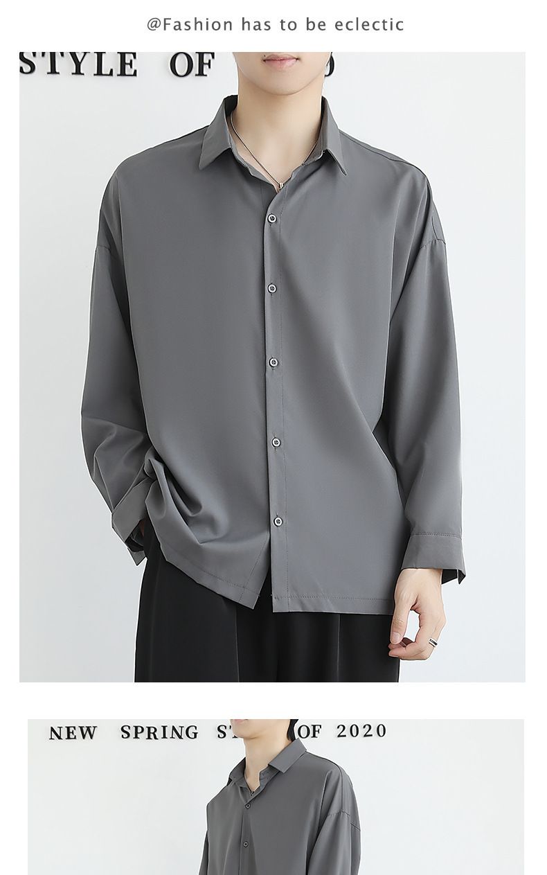 Loose Äis Seid Drape Schwaarz Hemd, Laangärmlech Hierscht Trendy An Schéin Dk Jackett, Casual Männer Wäisst Hemd_voghion.com