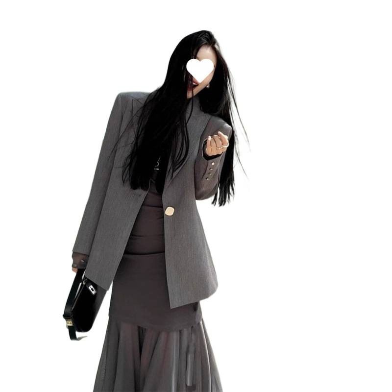 25 Spring New French Style Elegant Light High-End Simple Commuting Gray Blazer Dress Set For Women_voghion.com