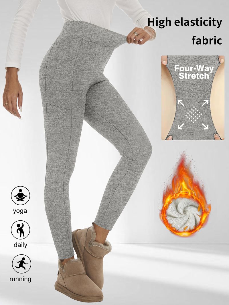 Leggings a vita alta con fodera in pile spesso e tasche – Pantaloni da yoga caldi ed elastici per donna (nero, blu navy, rosso vino, grigio scuro)_voghion.com