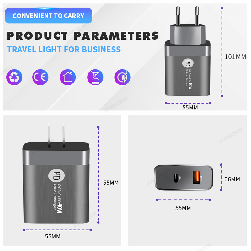 Ladegerät USB Schnellladegerät 40W PD QC 3.0 Schnelllader fir Handyen, passend fir iPhone 14 13 iPad Xiaomi_voghion.com