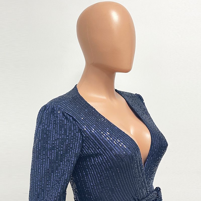 Damkläder Ins Style Deep V Mode Casual Jumpsuit Långärmat Bälte Paljett Jumpsuit Dam_voghion.com