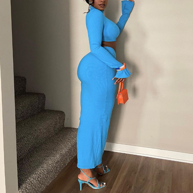 Women's temperament set solid color crop trumpet sleeve top pleated long skirt_voghion.com