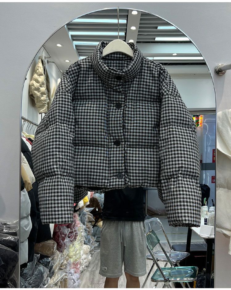 Women's Short Puffer Jacket With Houndstooth Pattern, Thickened Down Coat, Stand Collar, Oversized Fit, White Duck Feather Filling_voghion.com