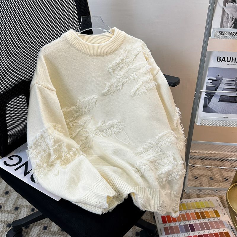 Men's Clothing Hole Pullover Sweater Loose Trend Retro Versatile Casual Hem Slit Knitted Sweater_voghion.com