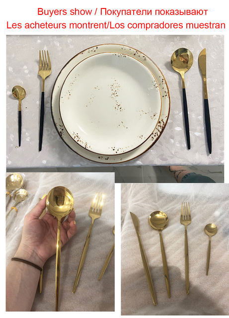 Set de tacâmuri aurite cu mâner negru, 24 buc, cuțit din oțel inoxidabil, furculiță, linguriță, set de tacâmuri, pentru festival, pentru bucătărie, cadou_voghion.com