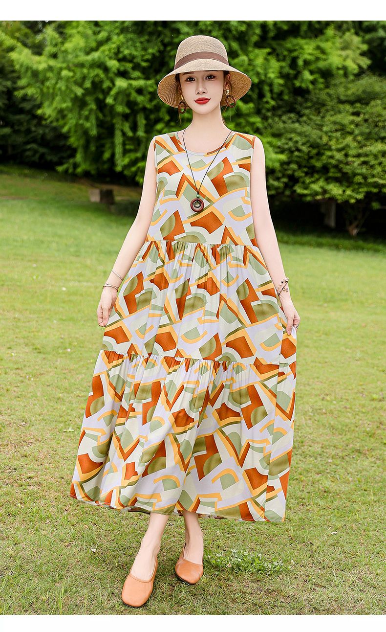 Französischer Stil High-End für Frauen Sommer 2025 Neue lose Plus Size Extra lange Baumwolle Blumenweste Kleid Falten Outfit_voghion.com