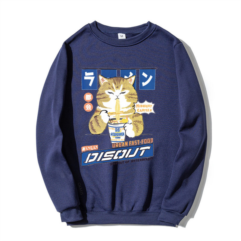Herbst und Winter Neuer Katzen-Cartoon-Print-Rundhalspullover für Männer und Frauen mit weißem Boden, lässigem Fleece_voghion.com