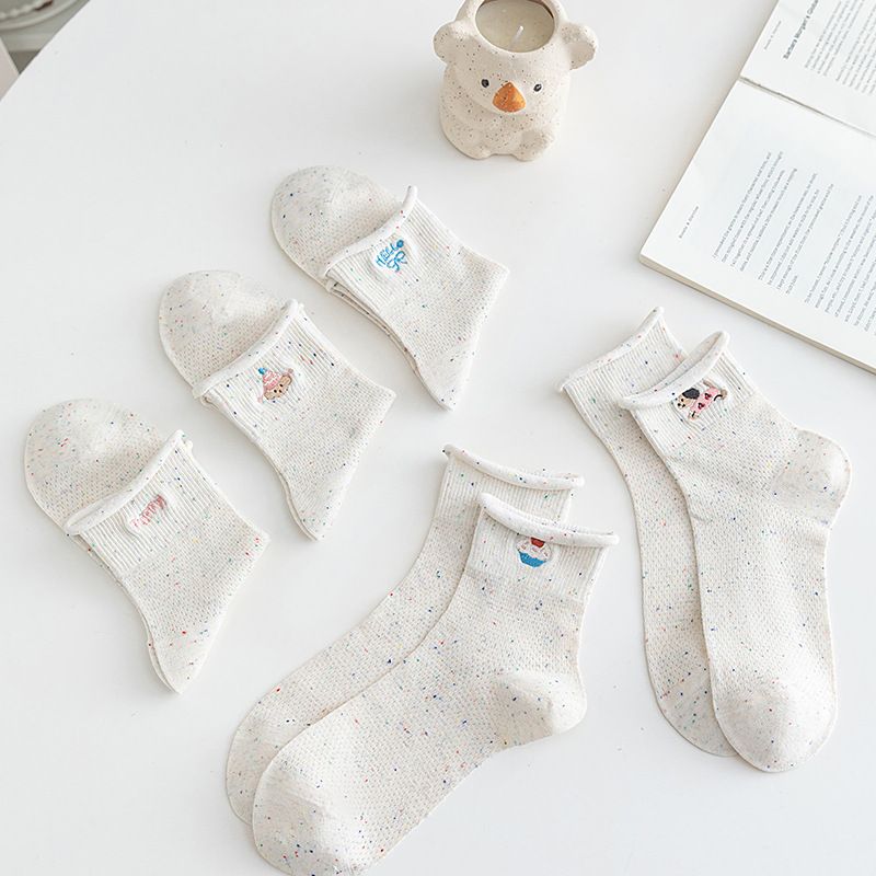 Calzini da donna con pois in filato ricamato, a forcella bassa e aperta, primaverili ed estivi, in rete traspirante, sezione sottile, casual e carini_voghion.com