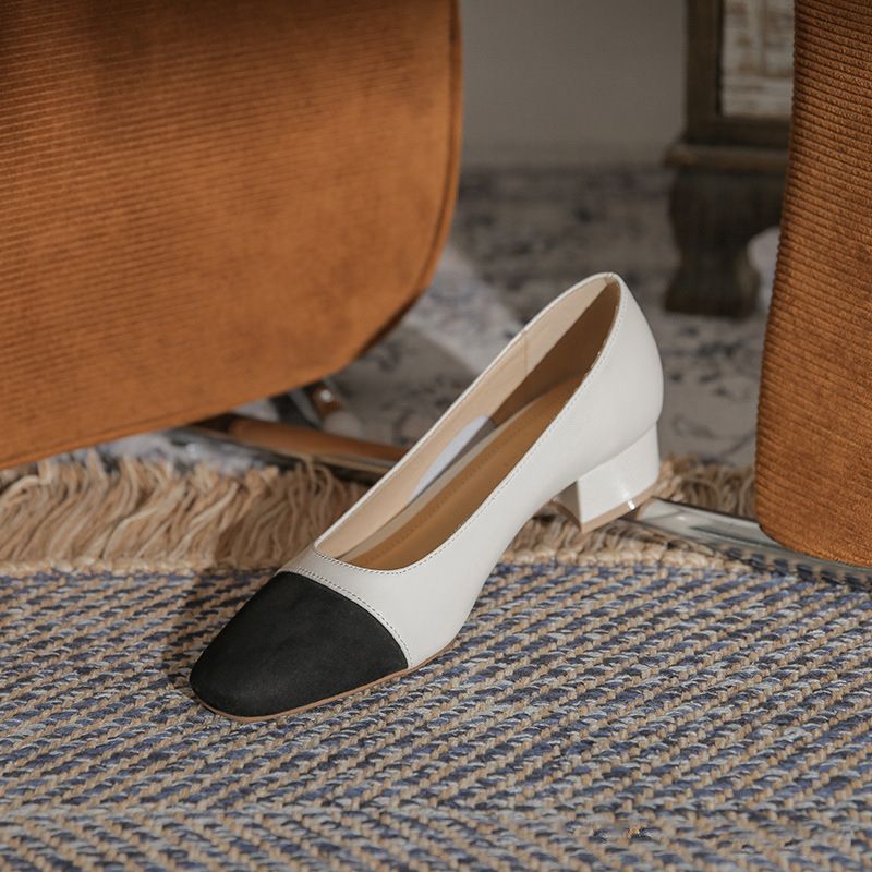 Sheepskin Color Block Two Height Chunky Single Spring Autumn 2025 Elegant Mid Heel Shoes Frch Style High Heels For_voghion.com