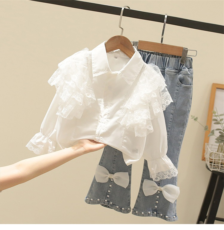 Chemise à manches longues et jean cloué avec nœud en dentelle pour enfants, deux ensembles, printemps et automne_voghion.com