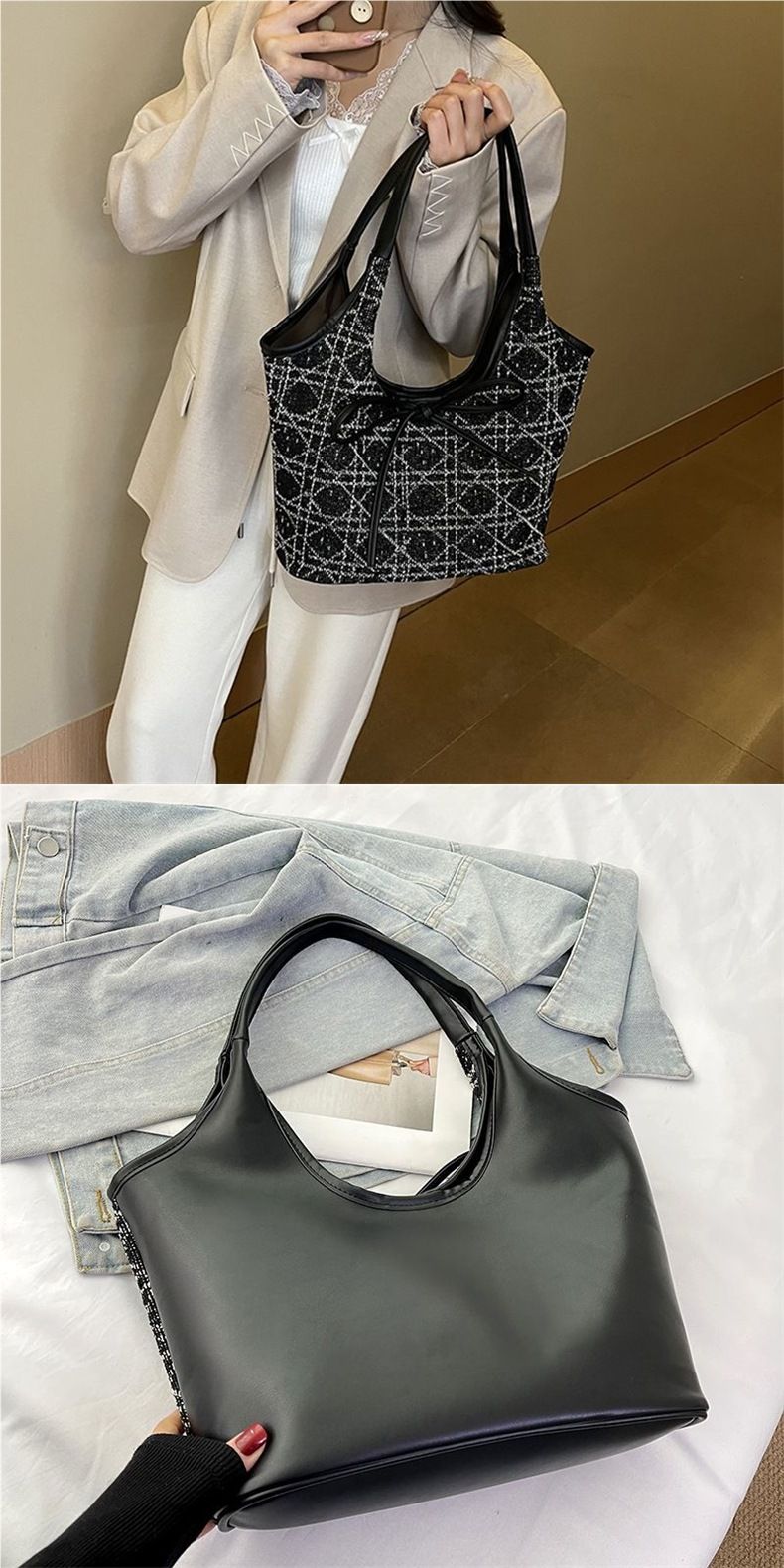 2025 New Zipper Shoulder Bag Women's Commuter Crossbody Bag Black Tote Bag Versatile_voghion.com